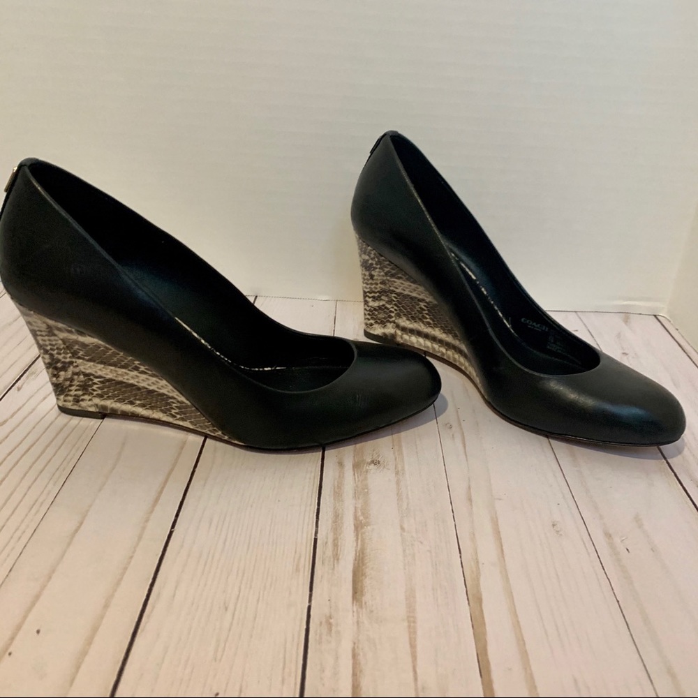 Coach Black Leather Snakeskin Wedges